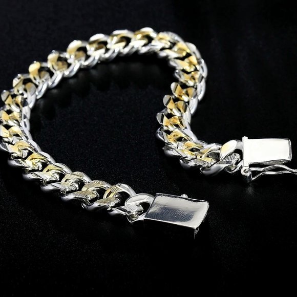 Heavy 2 Tone, 10mm Wide Cuban Miami Link Bracelet ,Stamped 925 Sterling Silver